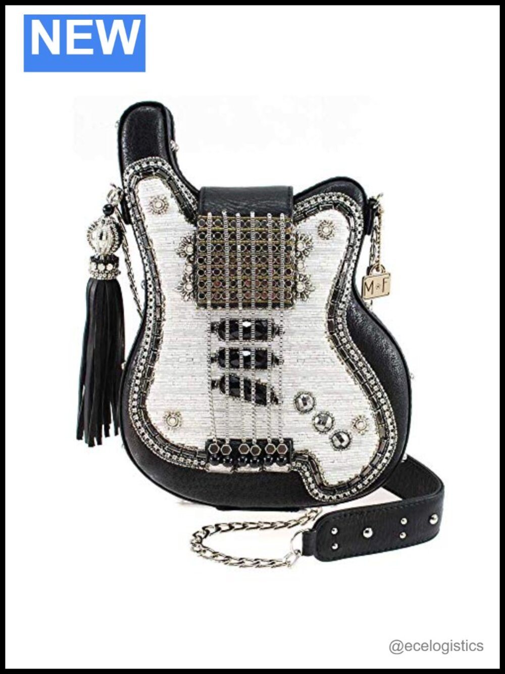 Beaded Guitar Crossbody Bag with Chain Strap Magnetic Closure